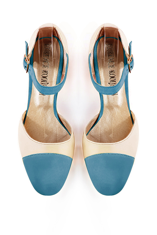 Peacock blue and champagne white women's open side shoes, with an instep strap. Round toe. Medium block heels. Top view - Florence KOOIJMAN